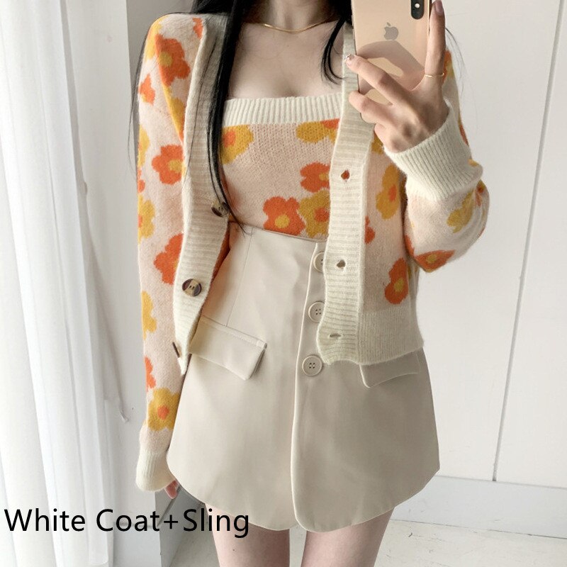 swvws Flower Print Cropped Cardigan Women Korean Fashion Casual Blue Sweater Single-Breasted Long Sleeven Tops + Knit Vest 2 Pcs Set