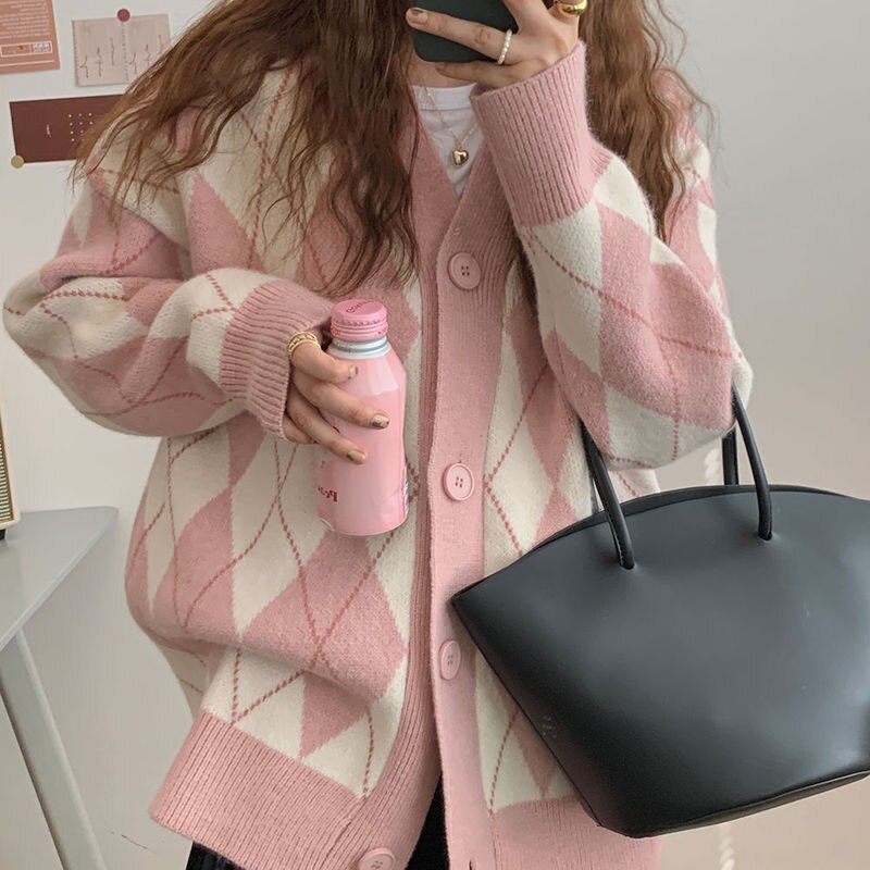 swvws Cardigan Women Winter Chic Sweater Jacket Girl Knitted Argyle Coat Loose All Match Student Korean Knitwear Pink Tops Sweat Femme