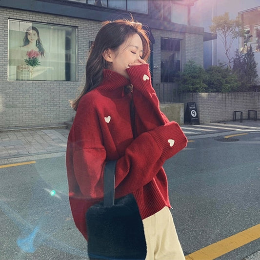 swvws Vintage Embroidery Heart Sweaters Women Harajuku Korean Style Long Sleeve Oversize Knit Pullover Female Tops Casual Loose Jumper