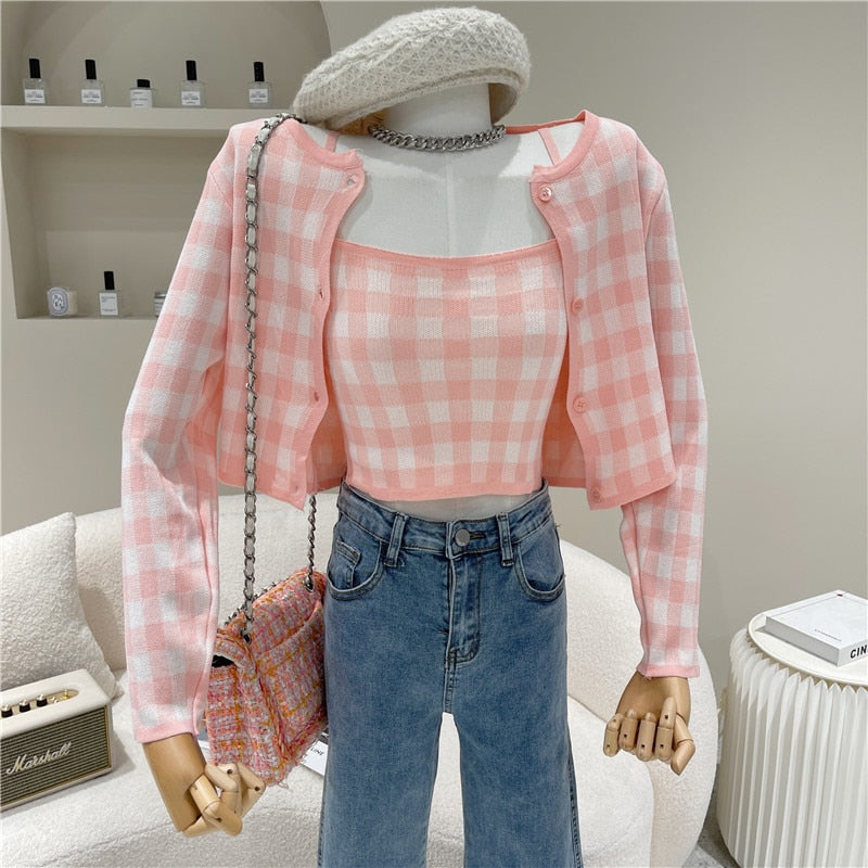 swvws Vintage Sweet Plaid Kintted 2 Piece Sets Women Spring Autumn Single Breasted Long Sleeve Sweater Coat+Elastic Slim Sexy Crop Top