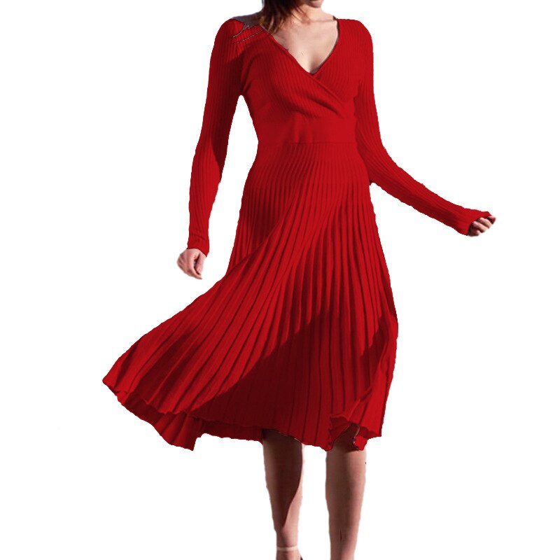 swvws Knitted Women's Solid V-Neck Slim Midi Dress  Autumn New Long Sleeve Bottoming Pleated Dresses Ladies Sexy Elegant Vestidos