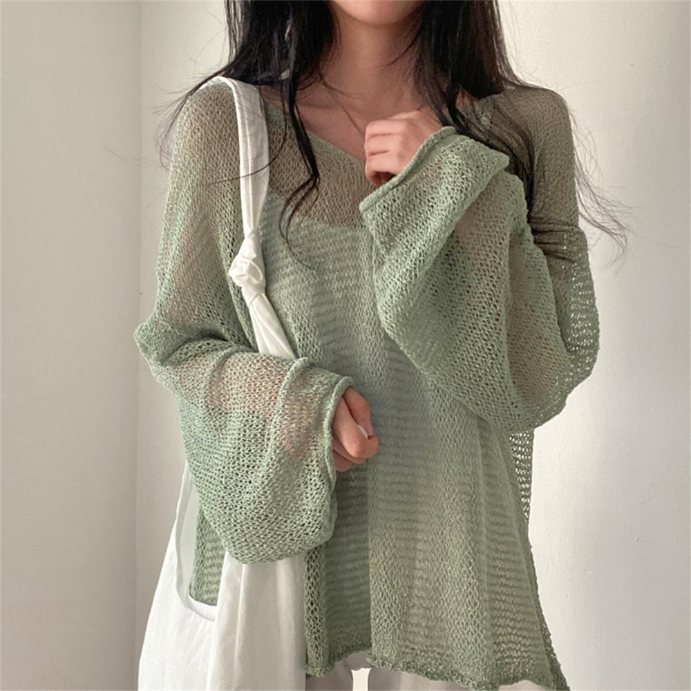 swvws Lazy Style Full Sleeves Jumpers Tops Hollow Out Sexy Women Fashion Casual Streetwear Chic Femme Sweaters Pullovers