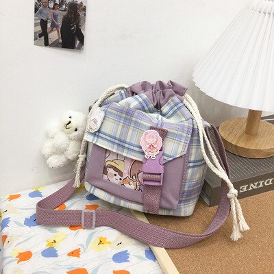 swvws New Summer Bucket Bag Women Plaid Nylon Bag Girls Small Crossbody Bags Handbag Mobile Phone Bag Drawstring Shoulder Bag Bolsos