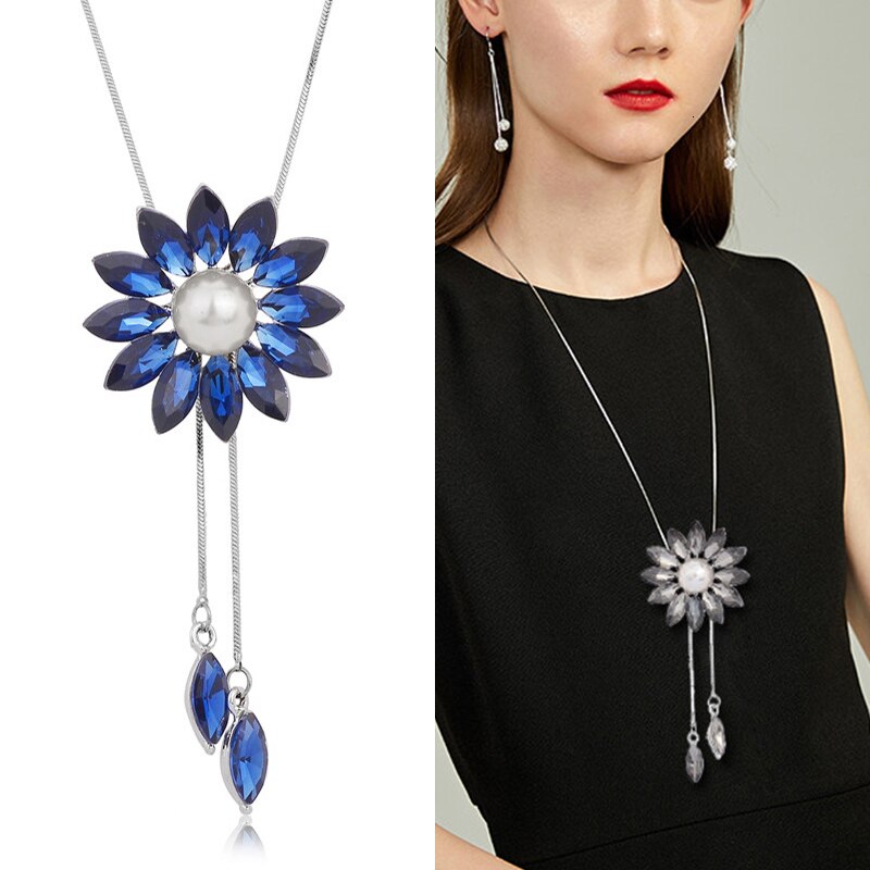 swvws Sunflower Crystal Pendant Necklace Women Fashion Blue White Rhinestone Long Chain Necklaces & Pendants Jewelry