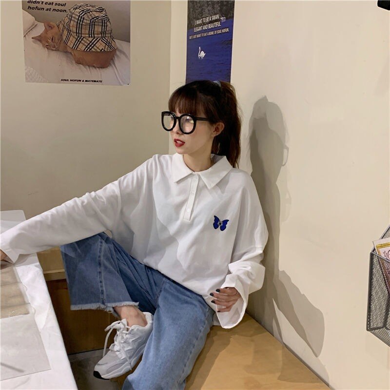 swvws Long Sleeve T-Shirts Women Turn-Down Collar Loose Students Embroidery Harajuku BF Tops Autumn Korean All-Match Trendy Chic Loose