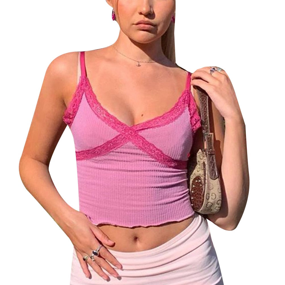 swvws Lace Y2k Crop Tops For Women Pink E Girl Sexy Camisole Bodycon Sleeveless 90S Aesthetic Tops Cyber Y2k Streetwear