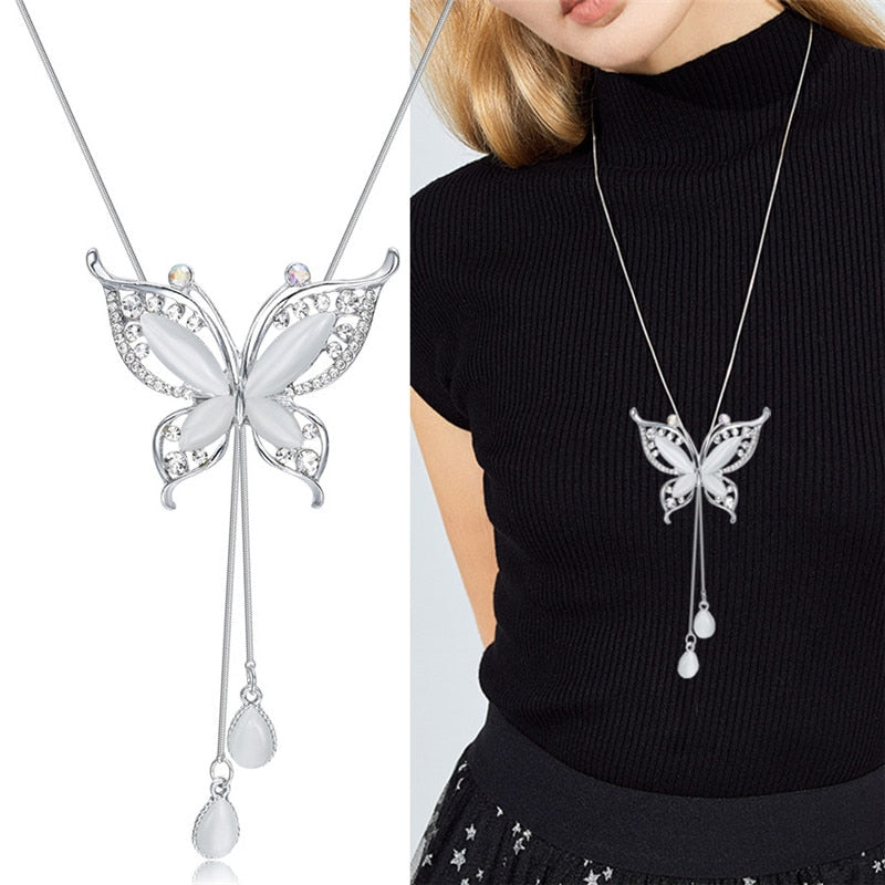 swvws Fashion Long Chain Sweater Necklaces & Pendants for Women Blue Opal Rhinestone Flower Pendant Necklace Female Jewelry