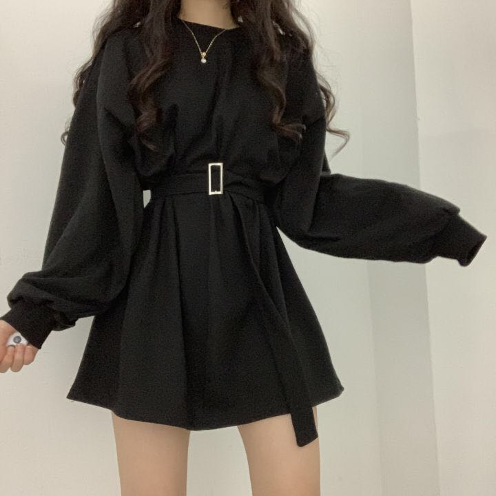 swvws Gothic Girls Punk Mini Dresses Women Belt Gray Black Long Sleeve High Waist Dress Streetwear Modis Party Outfits Hip Hop Clothes