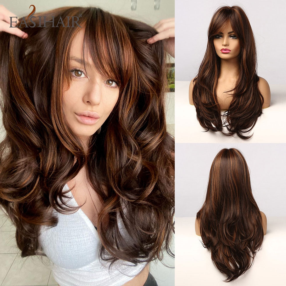 swvws  Long Black Wigs Cosplay Body Wave Synthetic Wigs With Bangs For White/Black Women Brazilian American Natural Hair