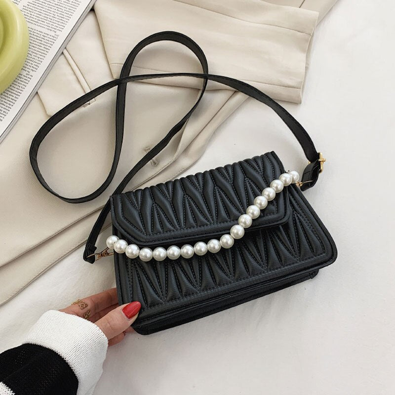 swvws BACK TO COLLEGE    Pearl Chain Strap Handbags For Women Designer Pu Leather Shoulder Bag Plaid Simple Female Crossbody Bag Small Square Bag