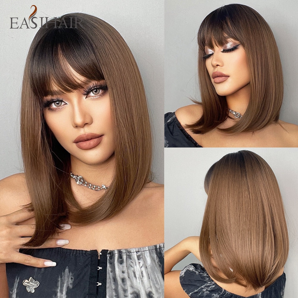 swvws  Short Straight Bob Wigs With Bang Golden Brown Natural Synthetic Hair For Women Daily Cosplay Heat Resistant Fiber Wigs