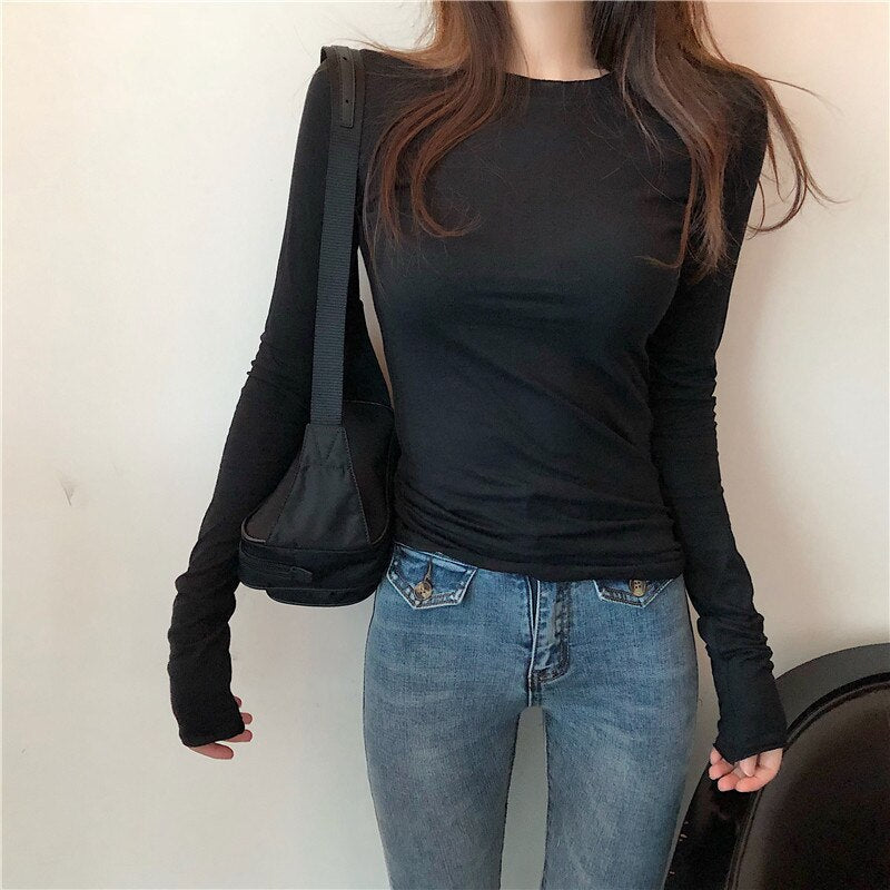 swvws Long Sleeve Tops For Women Solid Cotton Tee Shirt Femme Korean Fashion Clothing Casual Tshirts Slim T-Shirt Tees Spring Autumn