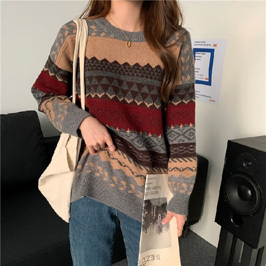 swvws Harajuku Striped Sweater Vintage Women Loose Oversize Pullover Korean Style O-Neck Long Sleeve Female Knitted Jumper Pull Femme