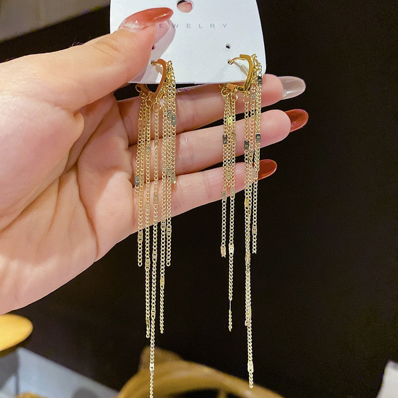 swvws Fashion Stars Tassel Dangle Earrings for Women  New Korean Gold Color Metal Punk Long Chains Crystal Earings Femme Jewelry