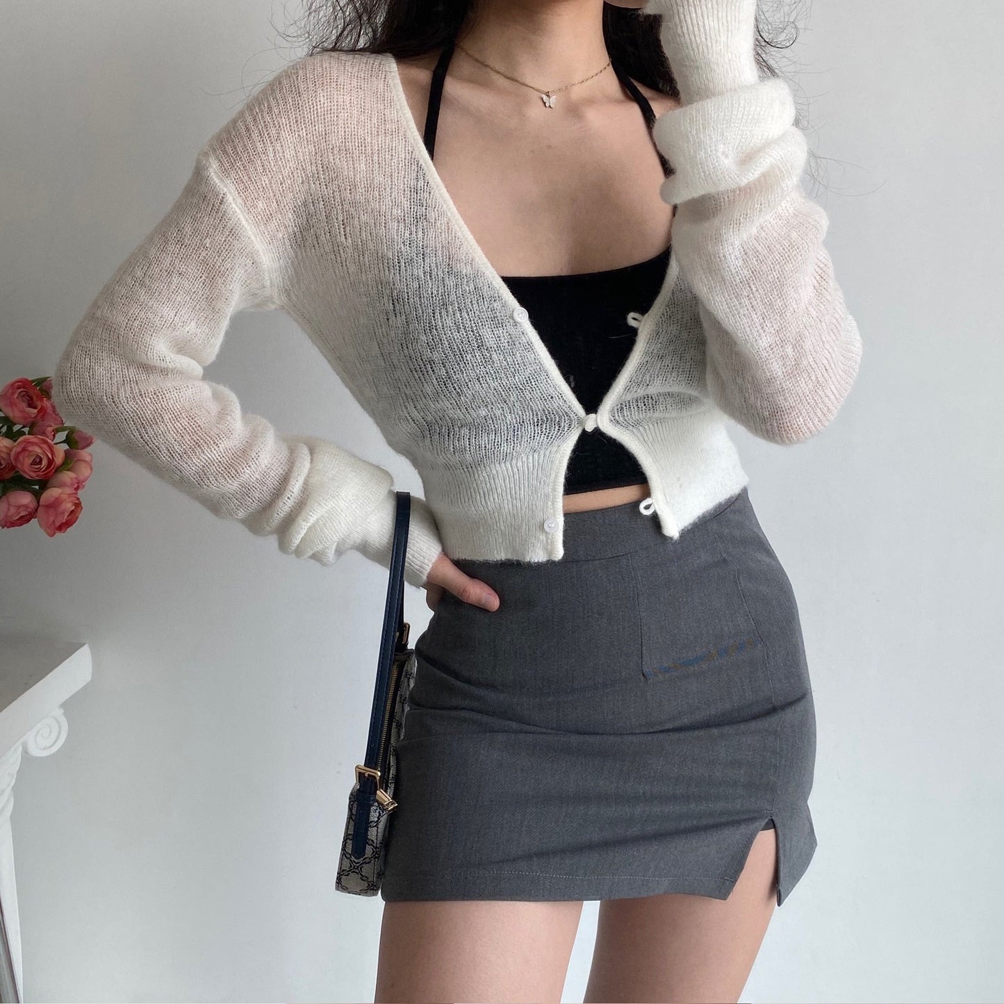 swvws Sexy See Through Cropped Cardigan Women Thin Hollow Out Knitted Cardigans Long Sleeve V-Neck Sweater Crop Tops Korean