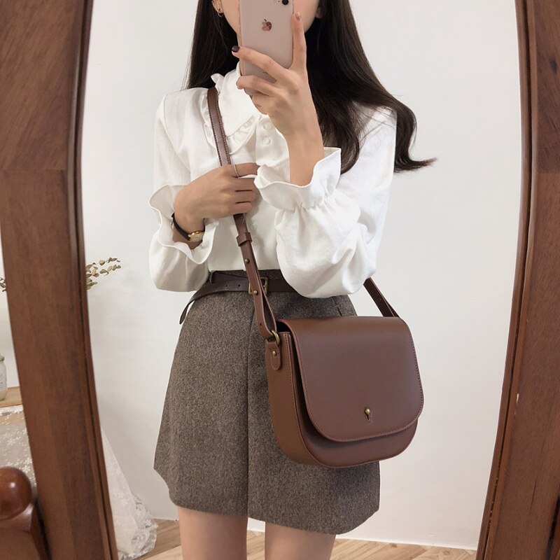 swvws Shirts Blouses Women Fashion Design Girl Preppy Style Flare Sleeve Tops Crew Neck Solid Shirt Autumn Spring Brown Button Coats