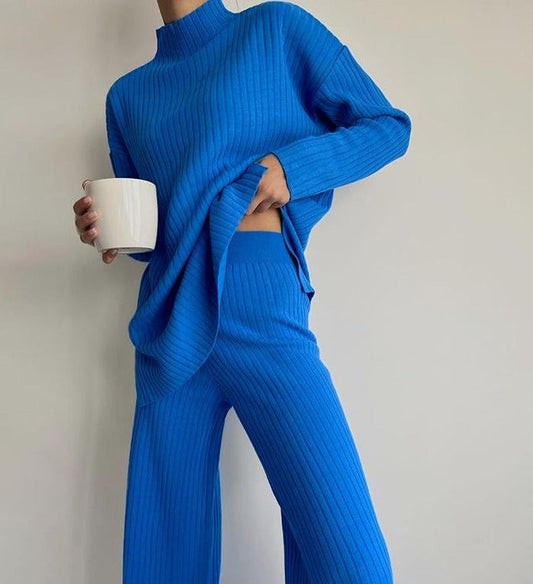 swvws Back To School Women Knitted Outfits Two Piece Set Solid Casual Pullover Tops Hight Waist Long Pants Suit Autumn Winter Oversized Sweater Suits