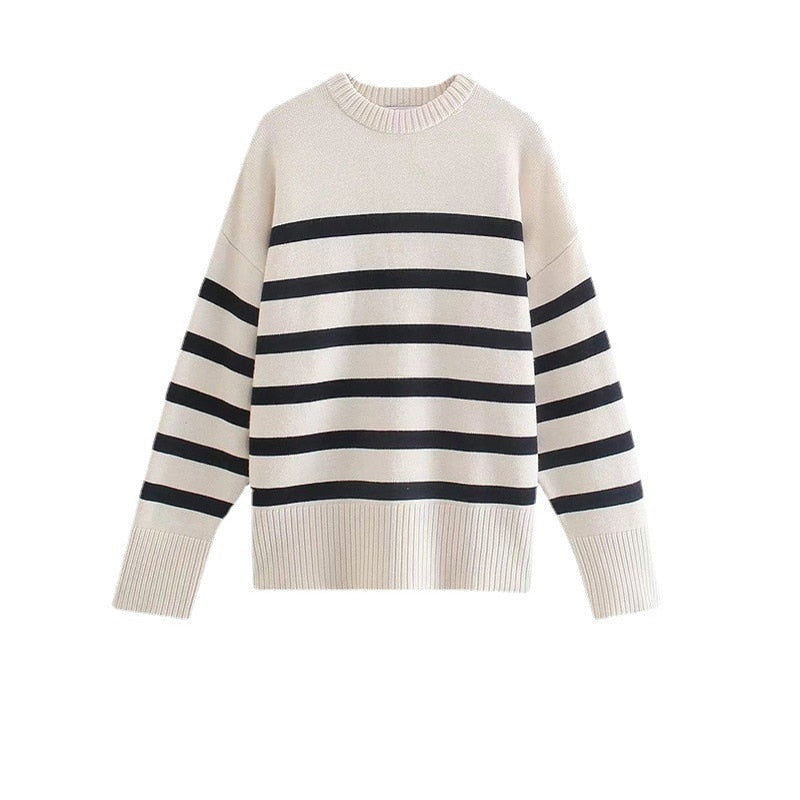 swvws Ladies Autumn Winter Striped Knitted Loose Sweater Women Pullover Tops Long Sleeve O Neck Casual Streetwear Women Sweater Female