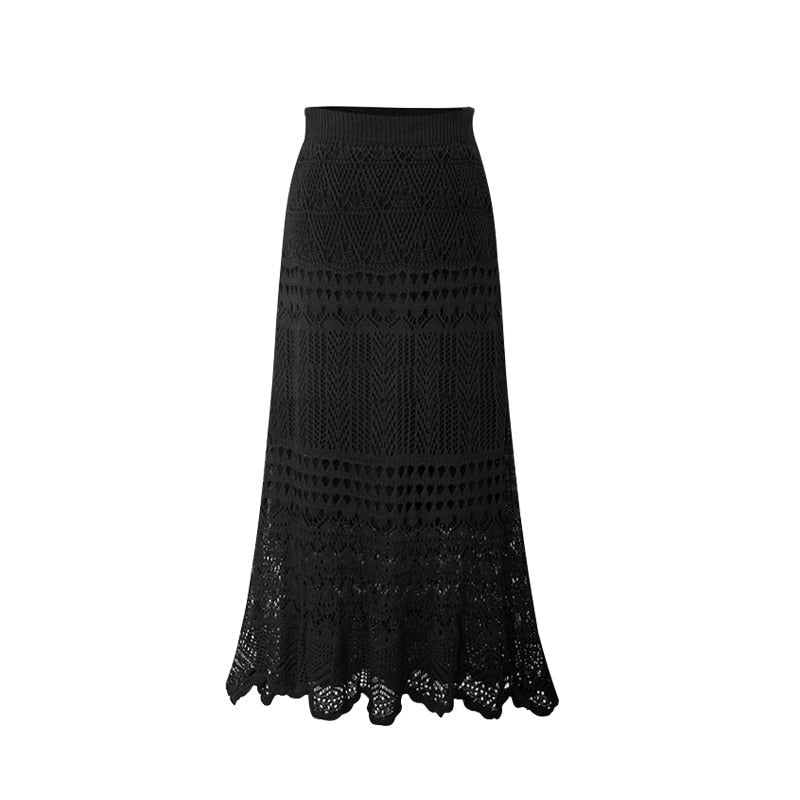 swvws   Korean  New Women Knitting Long Skirts High Waist Flower Hollow Knitted Female Classic Loose Large Long Skirt