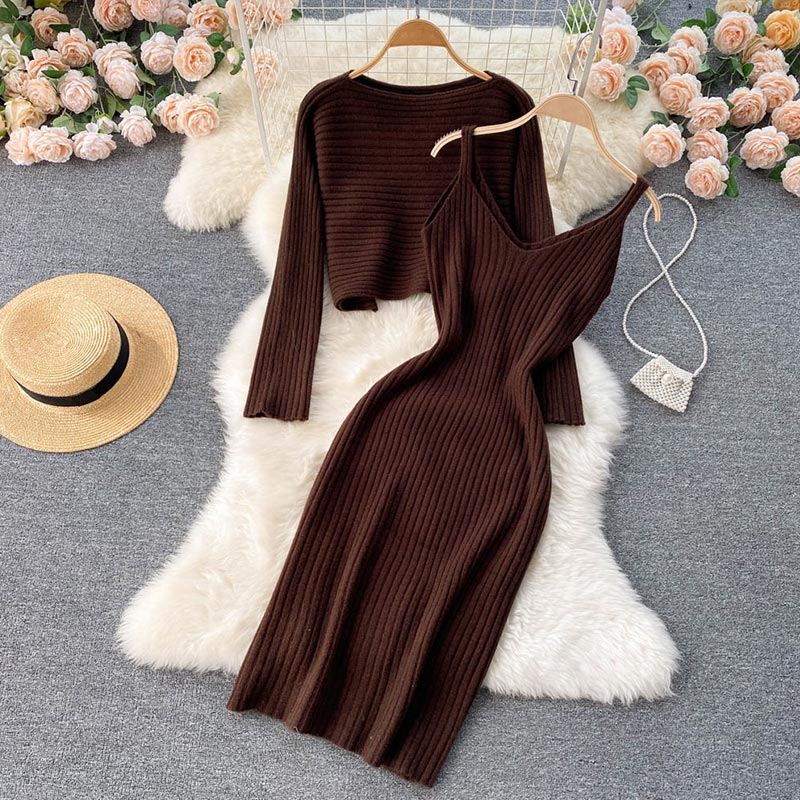 swvws Two-Piece Dress Sets Winter Women Knitted Dress Set Fleece Tracksuits Autumn Sweater And Tank Dress Elegant Outfit