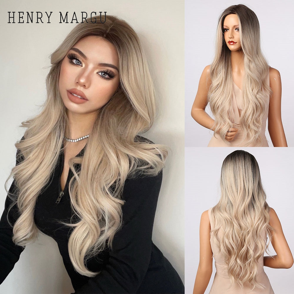 Long Ombre Brown Light Ash Platinum Blonde Wavy Wigs Cosplay Party Synthetic Wig for Women High Temperature Fibre