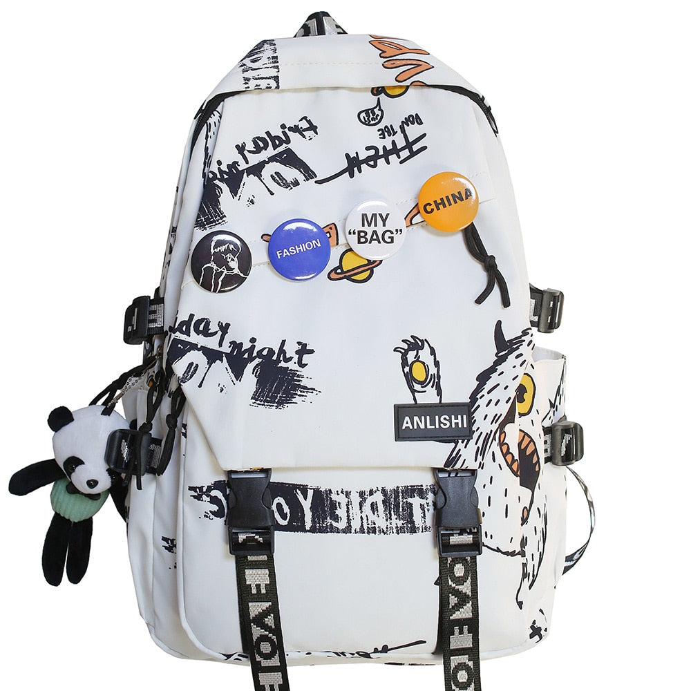 Cool Women Men Graffiti Pattern Trendy Backpack Lady Travel Badge Backpack Harajuku Bag Female Male College Girl Boy Student Bag