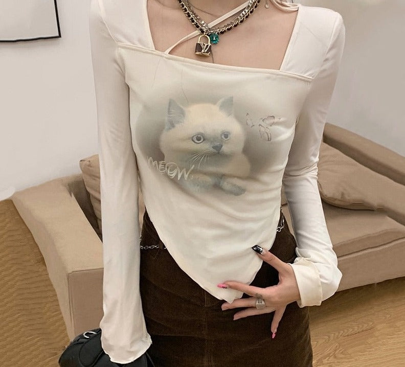 swvws Cat Printed Long Sleeve Crop Tops Women Sexy Slim Square Collar Irregular T-Shirt Autumn Chic Design Streetwear Harajuku