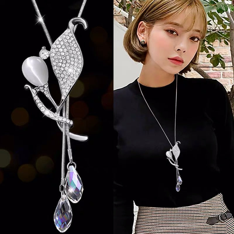 swvws Fashion Long Chain Sweater Necklaces & Pendants for Women Blue Opal Rhinestone Flower Pendant Necklace Female Jewelry