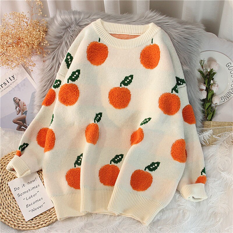 swvws Sweaters Women Printted Pullovers Apple Pattern Long Sleeve Oversize Jumper Turtleneck Knitted Tops Winter Casual Loose Sweater