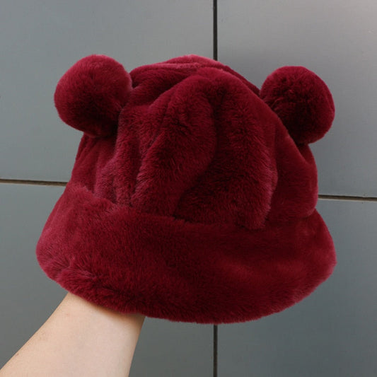Fashion Autumn Winter Leopard Fur Bucket Hat Bear Ear Ball Plush Fisherman Hat Soft Warm Thick Basin Hat Protection Bucket Hats