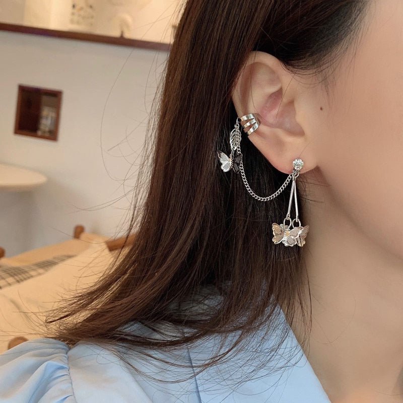 swvws Trend  New Animal Birds Tassel Women Earrings Clip Ear Cuff Silver Color Stars No Pierced Ear Hook Long Chain Earing Jewelry