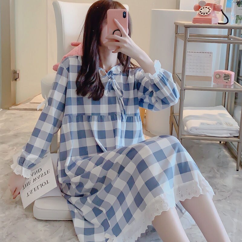 swvws Nightgowns Women Plaid Sweet Bow Knot Collar Mid-Long Sleepshirt For Girls Homewear Breathable High Quality Soft Fashion Korean