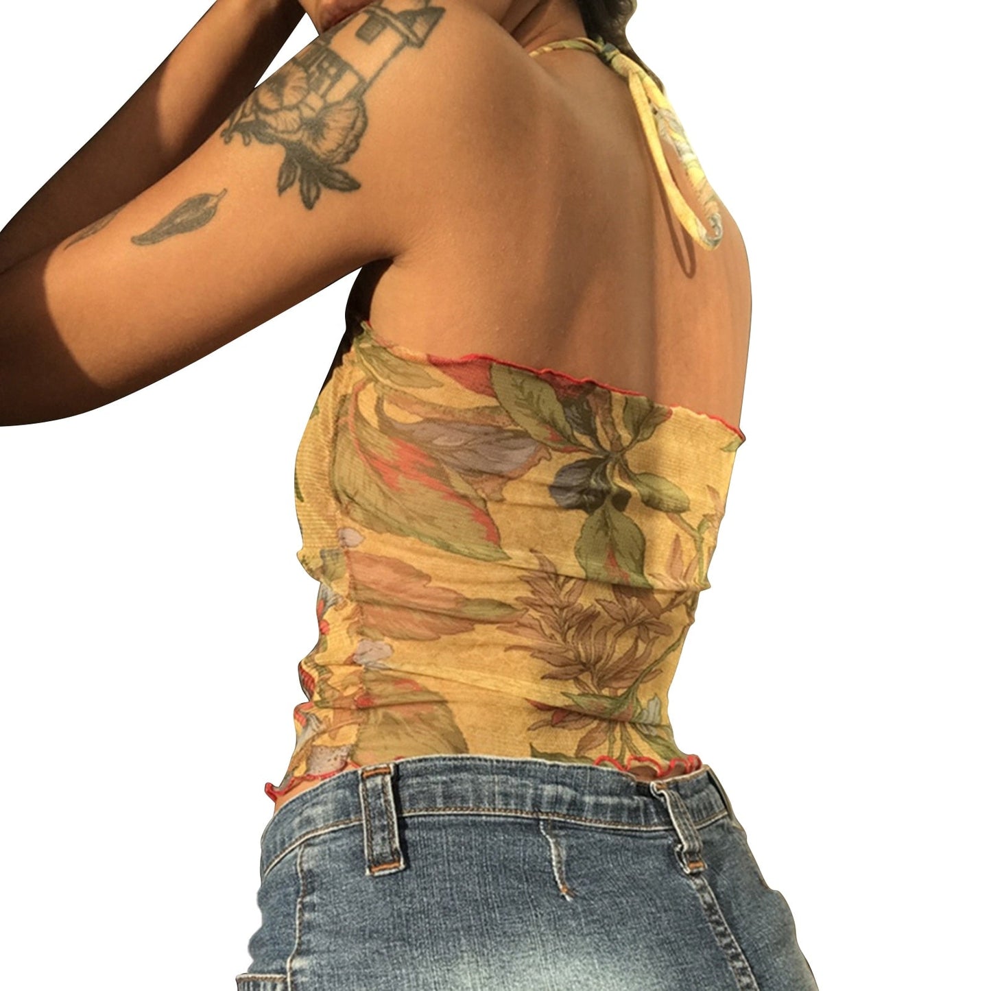 swvws Ladies Summer Sexy Midriff-Baring Camisole Women Floral Printing Stringy Selvedge Hem Hanging Neck Sleeveless Mesh Tops