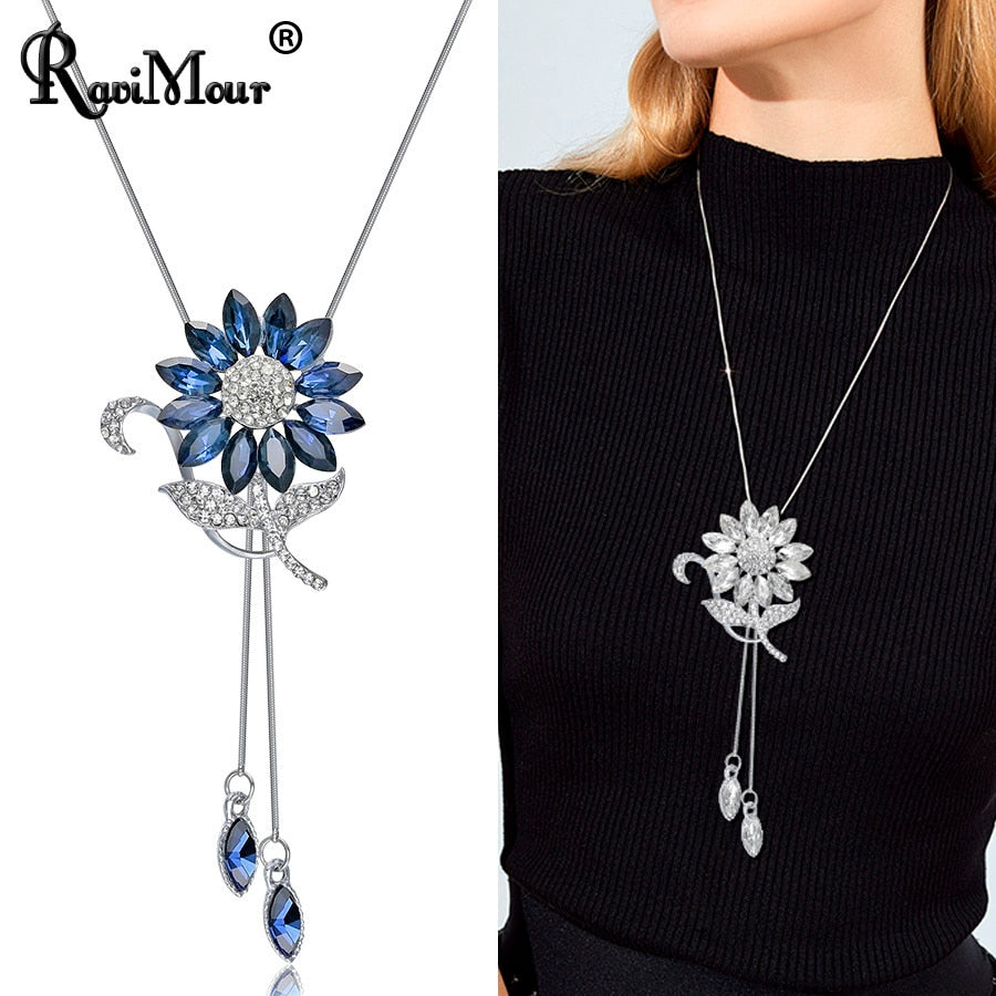 swvws Sunflower Crystal Pendant Necklace Women Fashion Blue White Rhinestone Long Chain Necklaces & Pendants Jewelry