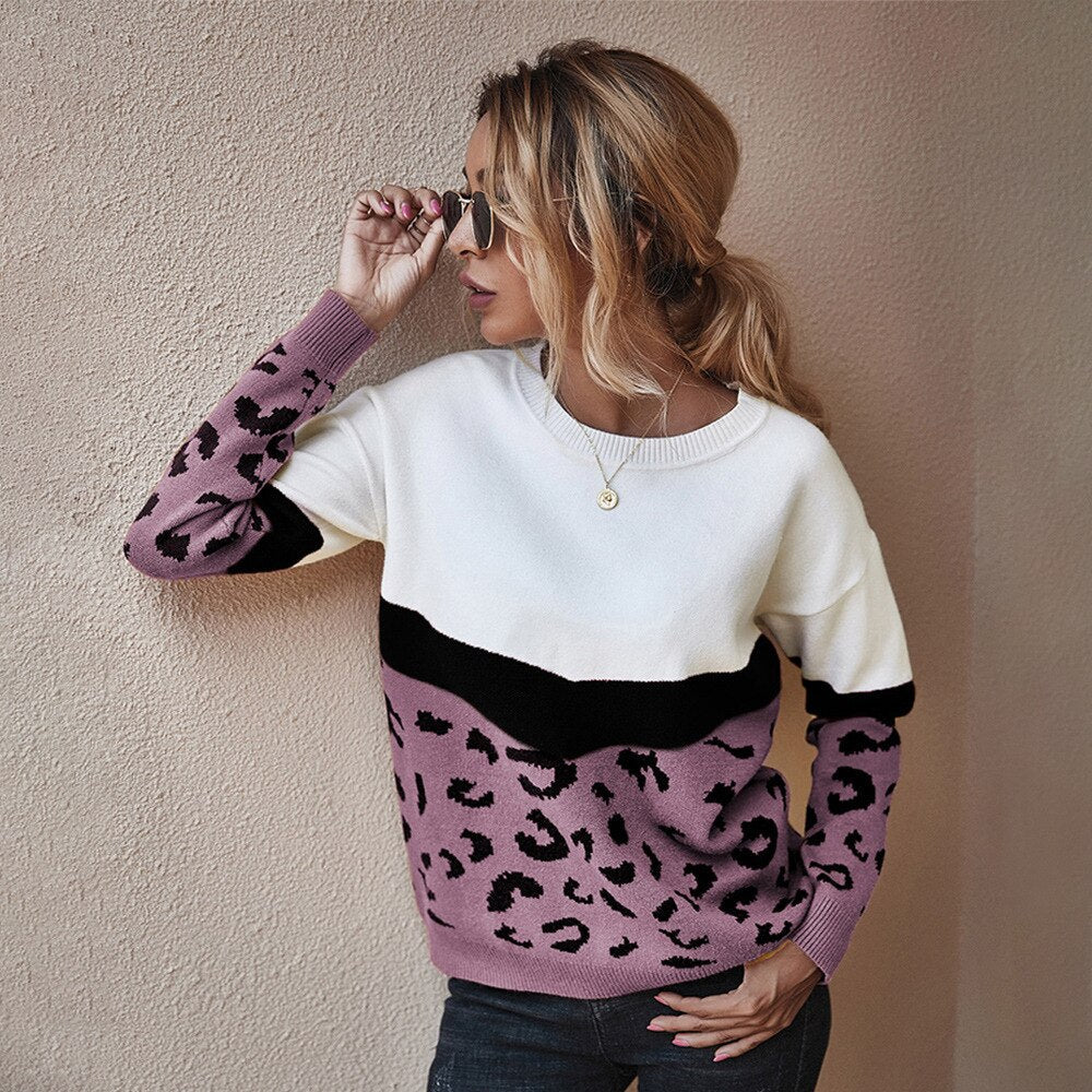 swvws Ladies Leopard Patchwork Autumn Winter Sweater Women Tops Full Sleeve Knitted Jumper Pullovers Sweaters Female Pull Knitwear