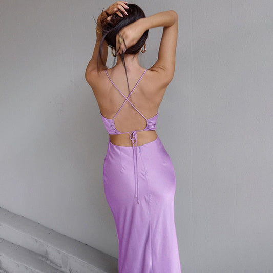 Women Spaghetti Strap Satin Long Dresses Sexy Lace Up Cross Bandage Backless Dress Elegant Bodycon Slim Party Dress Summer