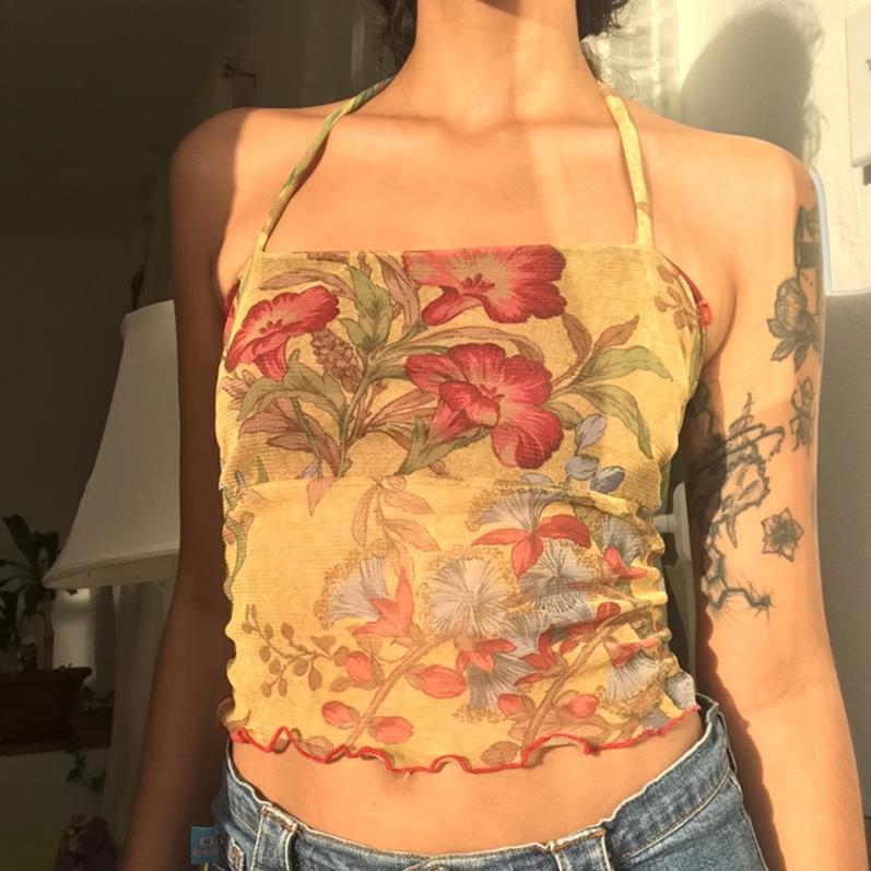 swvws Ladies Summer Sexy Midriff-Baring Camisole Women Floral Printing Stringy Selvedge Hem Hanging Neck Sleeveless Mesh Tops