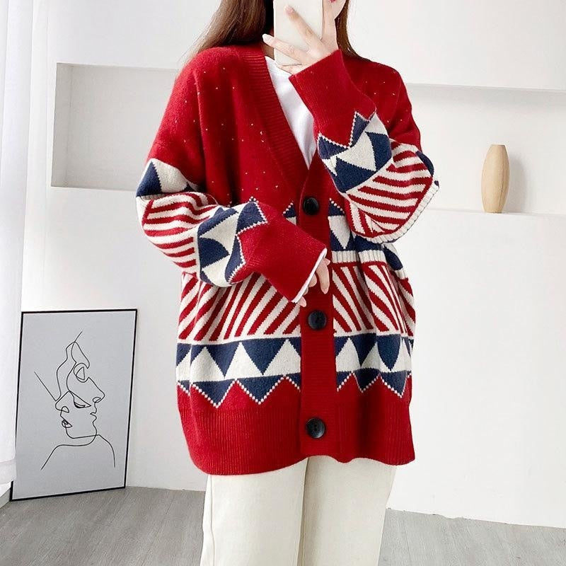 swvws  Jacquard Knitted Cardigan Lazy Style Loose Outer Jacket V-Neck Jumper Button-Up All-Match Female Loose Top Autumn Winter