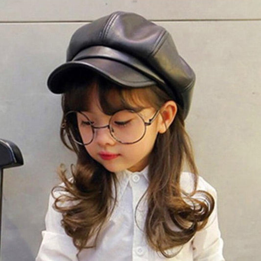 swvws PU Leather Simple Children Beret For Elegant Lady Winter Female Hats Vintage Octagonal Casual Boina Autumn Girl Cap 4-11Year