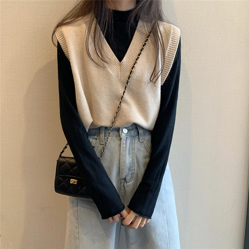 swvws Women's Knitted Vest Simple Solid Sleeveless Pullover Autumn Winter Korean V Neck Loose Sweater Vest Female Waistcoat Chic Tops