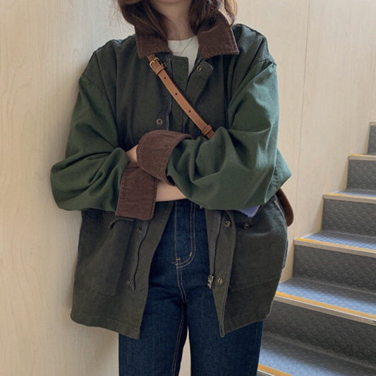 swvws Vintage Patchwork Turn-Down Collar Corduroy Jacket Coat Autumn Loose Hip Hop Jacket Women Streetwear Casual Outerwear Female Top