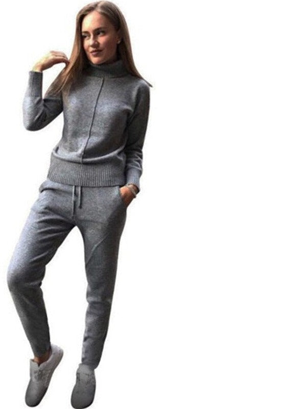 swvws Women's Woolen Knitted Suit High Collar Sweater + Pants Loose Style Two-Piece Set Women's Knitted Costume Tracksuit