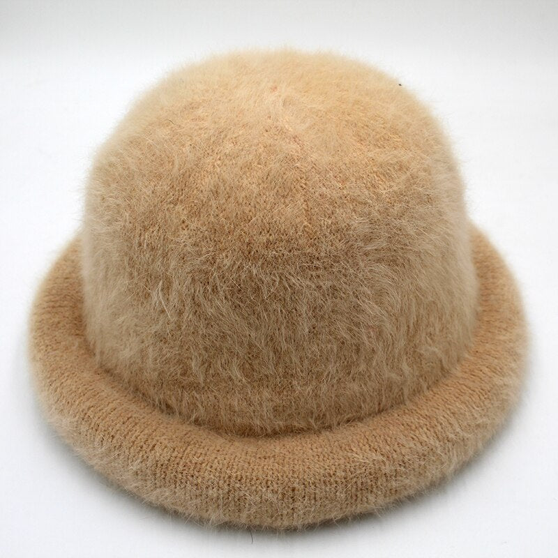 Wool Elegant Women Hat Dome Short Brim Hats Female British Retro Autumn Winter Basin Cap Faux velvet Hat RC2070