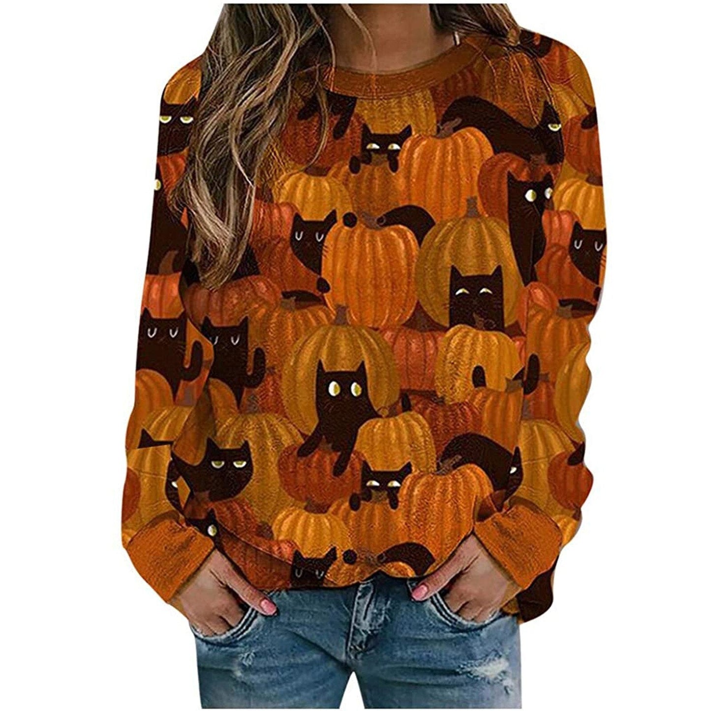 swvws Halloween Hoodies Oversized Women Fashion Halloween Element Print Long-Sleeved Sweatshirt Casual Hoodie Round Neck Blouse Autumn Pullover Aachoae