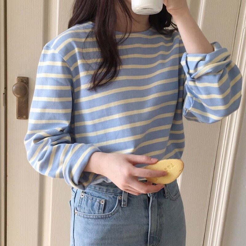 swvws Harteen T Shirt Loose Cotton Striped Tshirt Women Autumn Long Sleeves O-Neck Korean All-Match Basic Woman Top Femme Tee T-Shirts