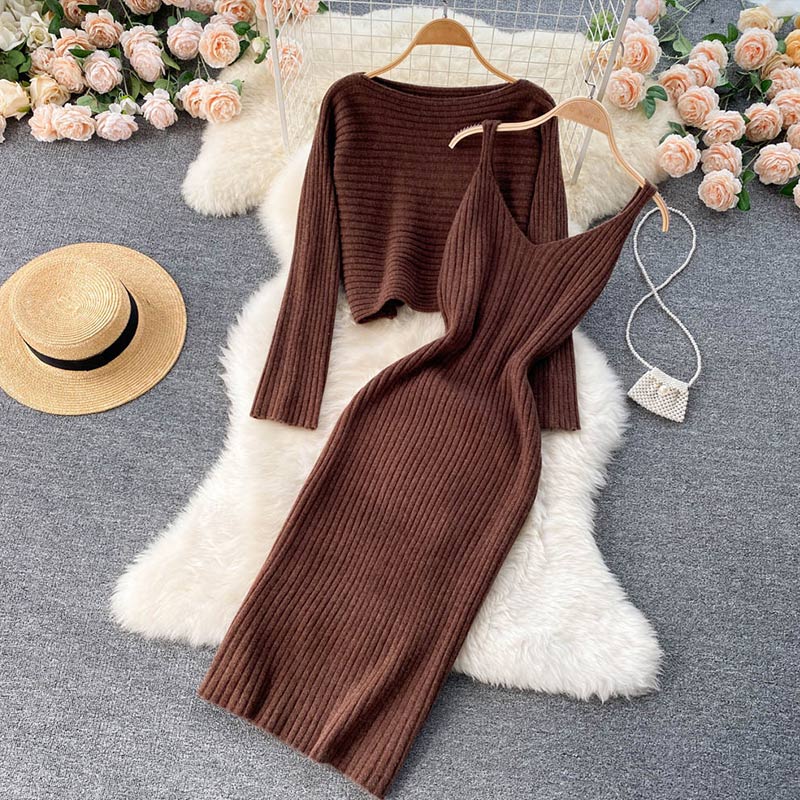 swvws Two-Piece Dress Sets Winter Women Knitted Dress Set Fleece Tracksuits Autumn Sweater And Tank Dress Elegant Outfit