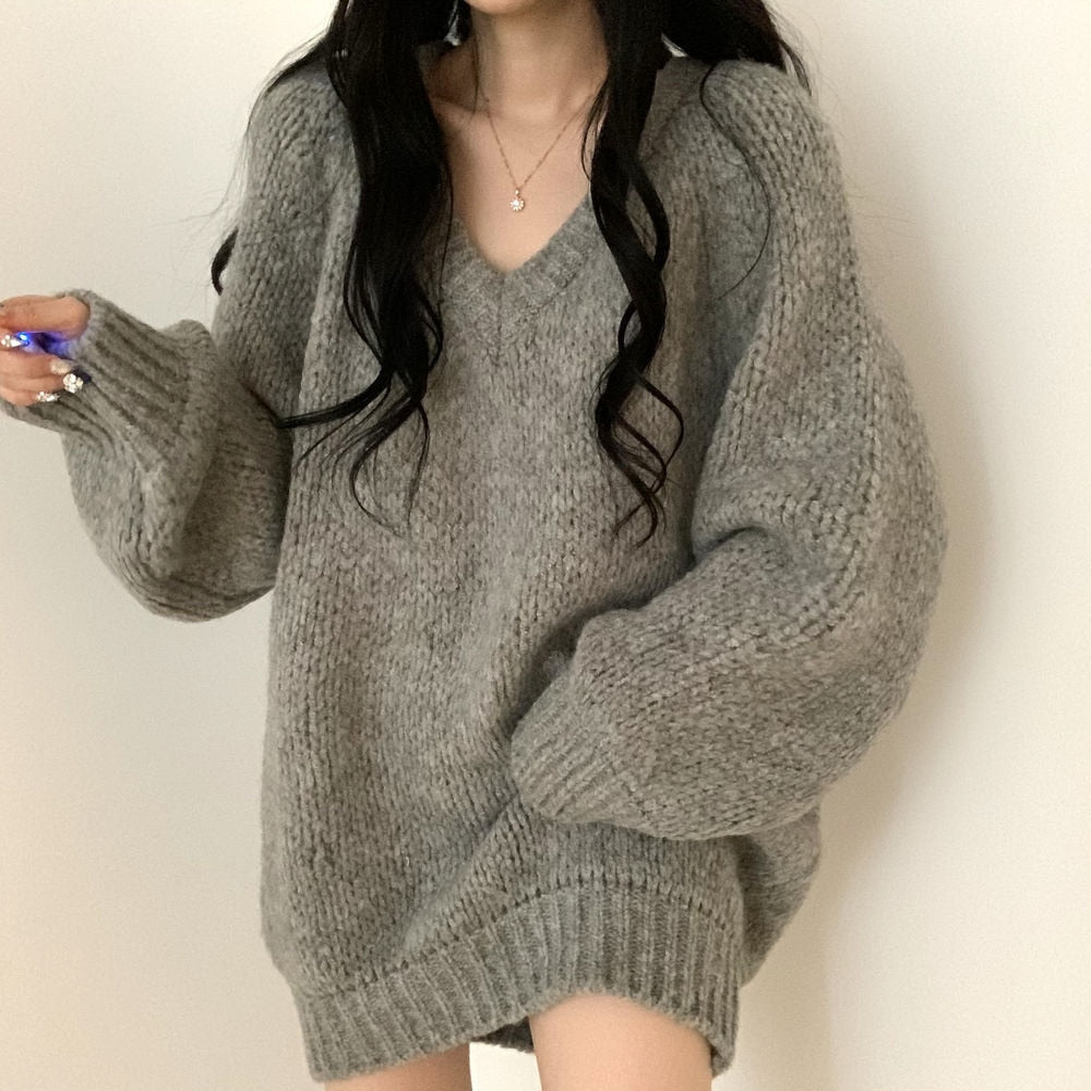 swvws  Women V-Neck Pullovers Simple Loose O-Neck Oversize Autumn Sweaters Knitted Korean Fashion Long Sleeve Sweater Top