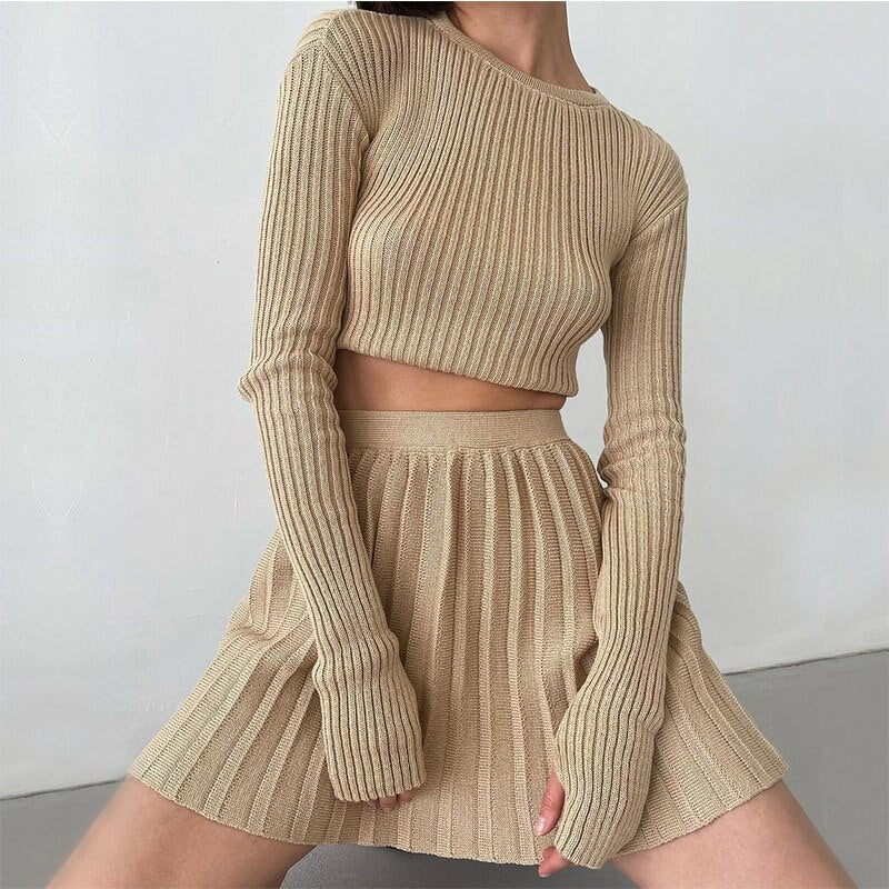 swvws Knit Women's Pleated Skirt Slim Pullovers Set  Autumn Buttons Long Sleeve Knitwear Mini Skirt Sets Ladies Party Tops Suits