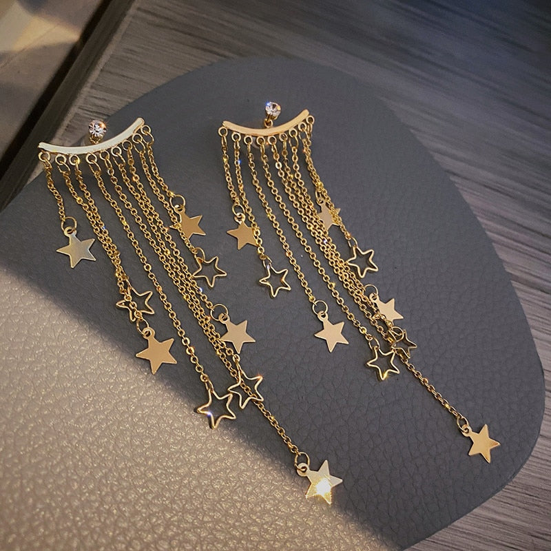 swvws Fashion Stars Tassel Dangle Earrings for Women  New Korean Gold Color Metal Punk Long Chains Crystal Earings Femme Jewelry