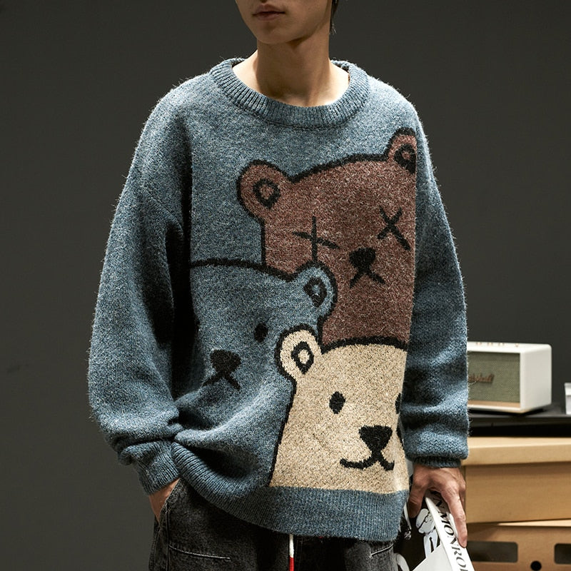 swvws Cartoon Bear Sweater Men's Winter Men's Women's Fashion Long-Sleeved Knitted Pullover Sweater Oversized  New Cotton Coat